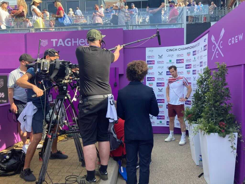 Andy Murray at the Queen's Club Championships being interviewed with Fusion's Nico on camera